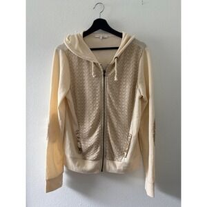 Miss Me Cream Zip Up Hoodie Lace Bodice Sequin Elbow Patches Boho Size L